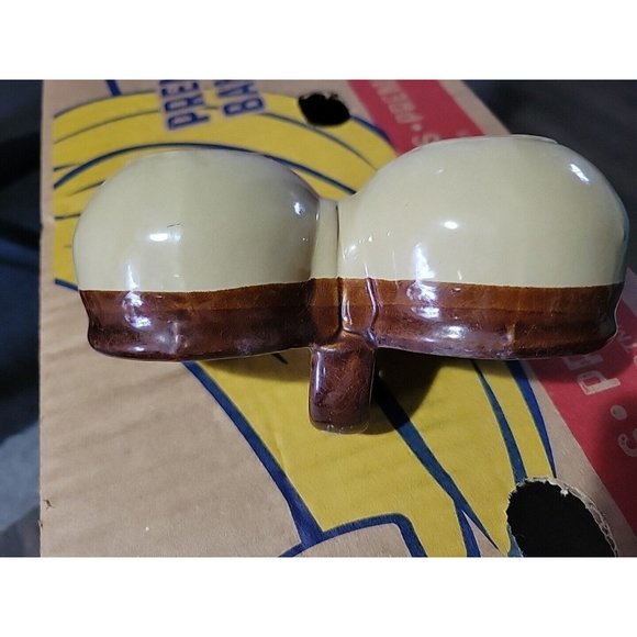 2 Tone Brown Beige Pottery Double Condiment Dish Vintage 6x3in Grannycore - Picture 6 of 8